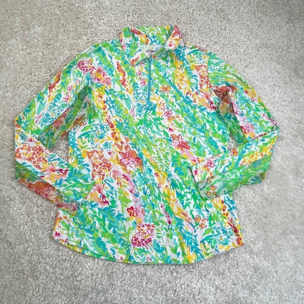 IBKUL 1/4 Zip Mock Neck Top Green Yellow Floral Print